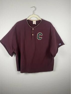 Champion Reverse Weave Henley Sweatshirt Mens L Burgundy Crop Short Sleeve Patch